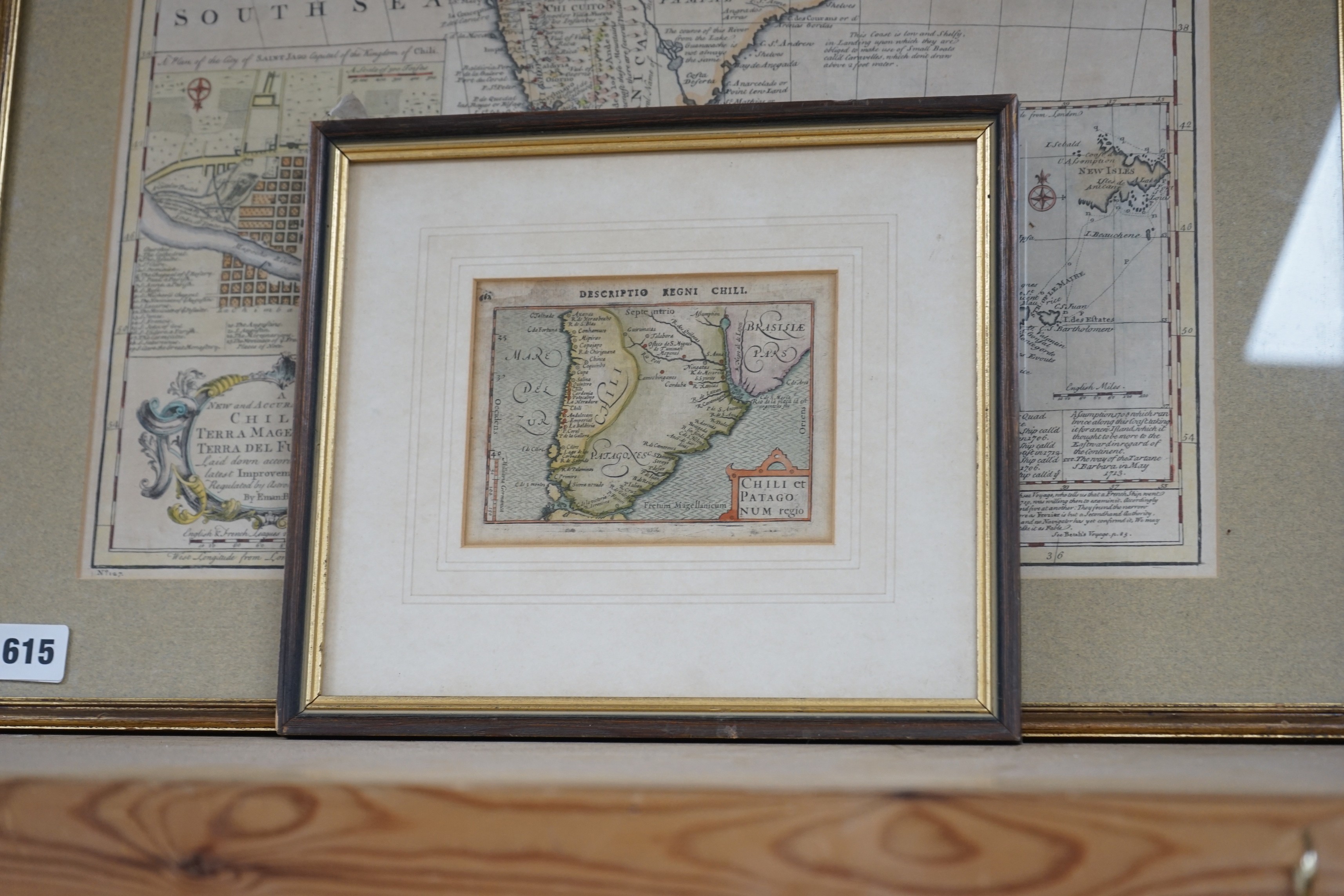 Emmanuel Bowen (1693-1767), coloured engraving, Map of Chile Terra Magellanica, 36 x 44cm and a smaller earlier map of Chile and Patagonia, 10 x 14cm